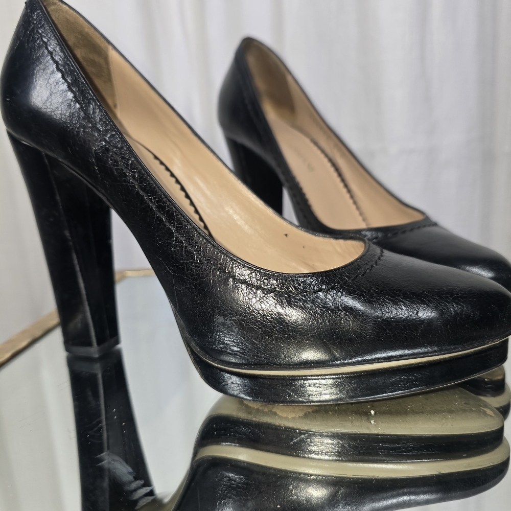 Emporio Armani Black Leather Pumps Block Heels - Picture 2 of 15